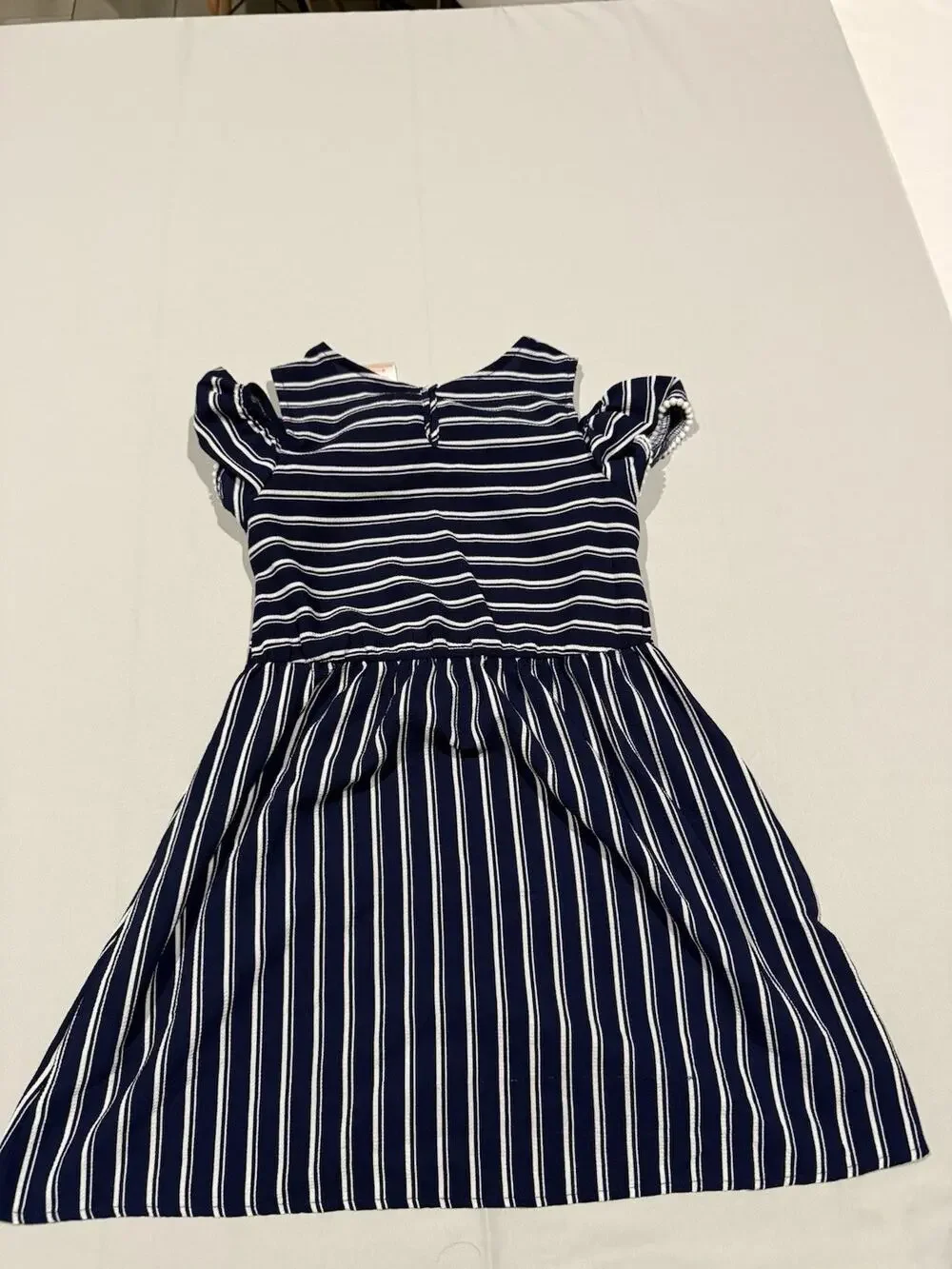 Wonder Nation Girls M (7-8) Blue White Striped Fit & Flare Ruffle Sleeve Dress